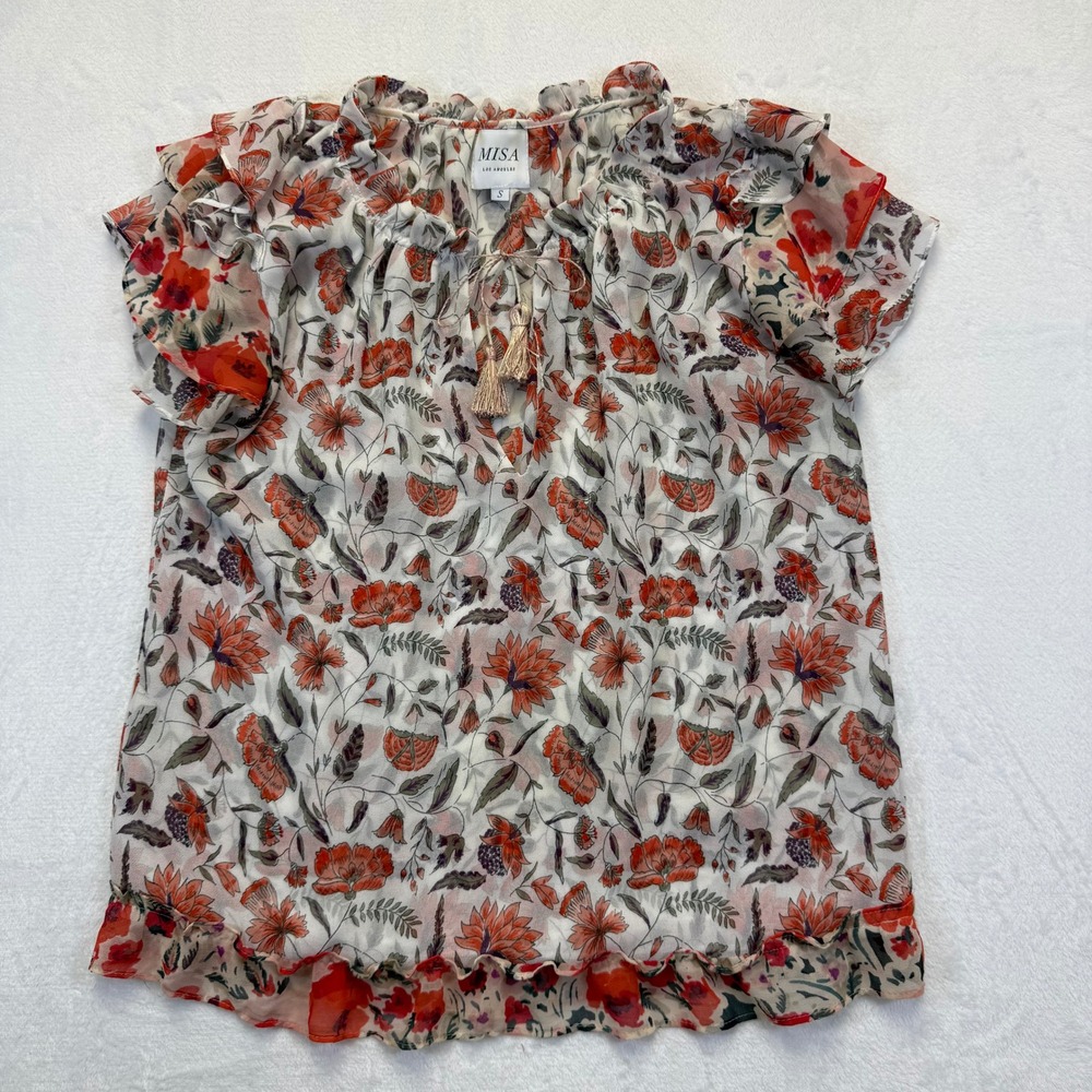 MISA Los Angeles Floral Ruffle Flutter Sleeve V-Neck Tassel Blouse Orange Small